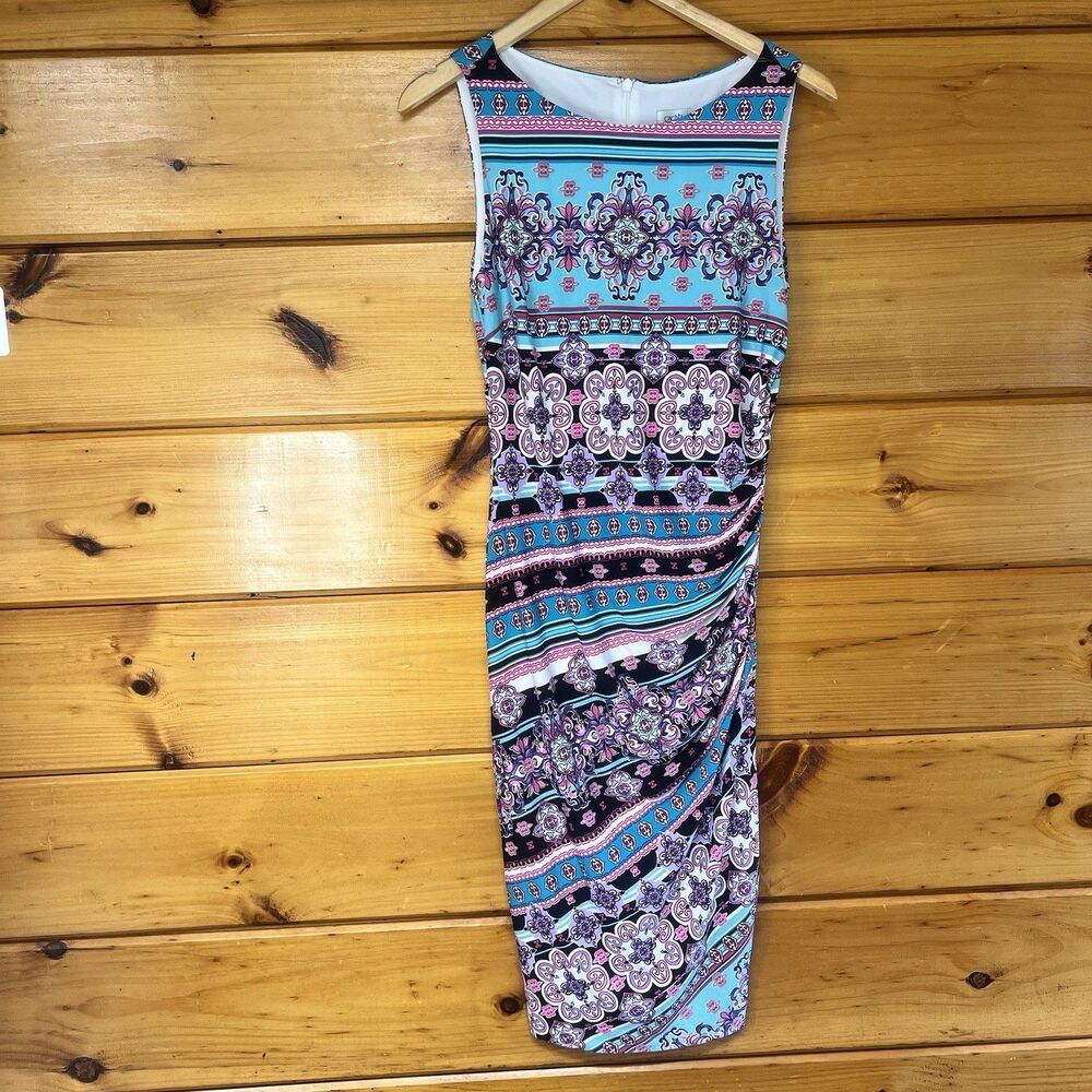 Cache Size 4 Pink Turquoise Medallion Print Ruched Sleeveless Sheath Midi Dress